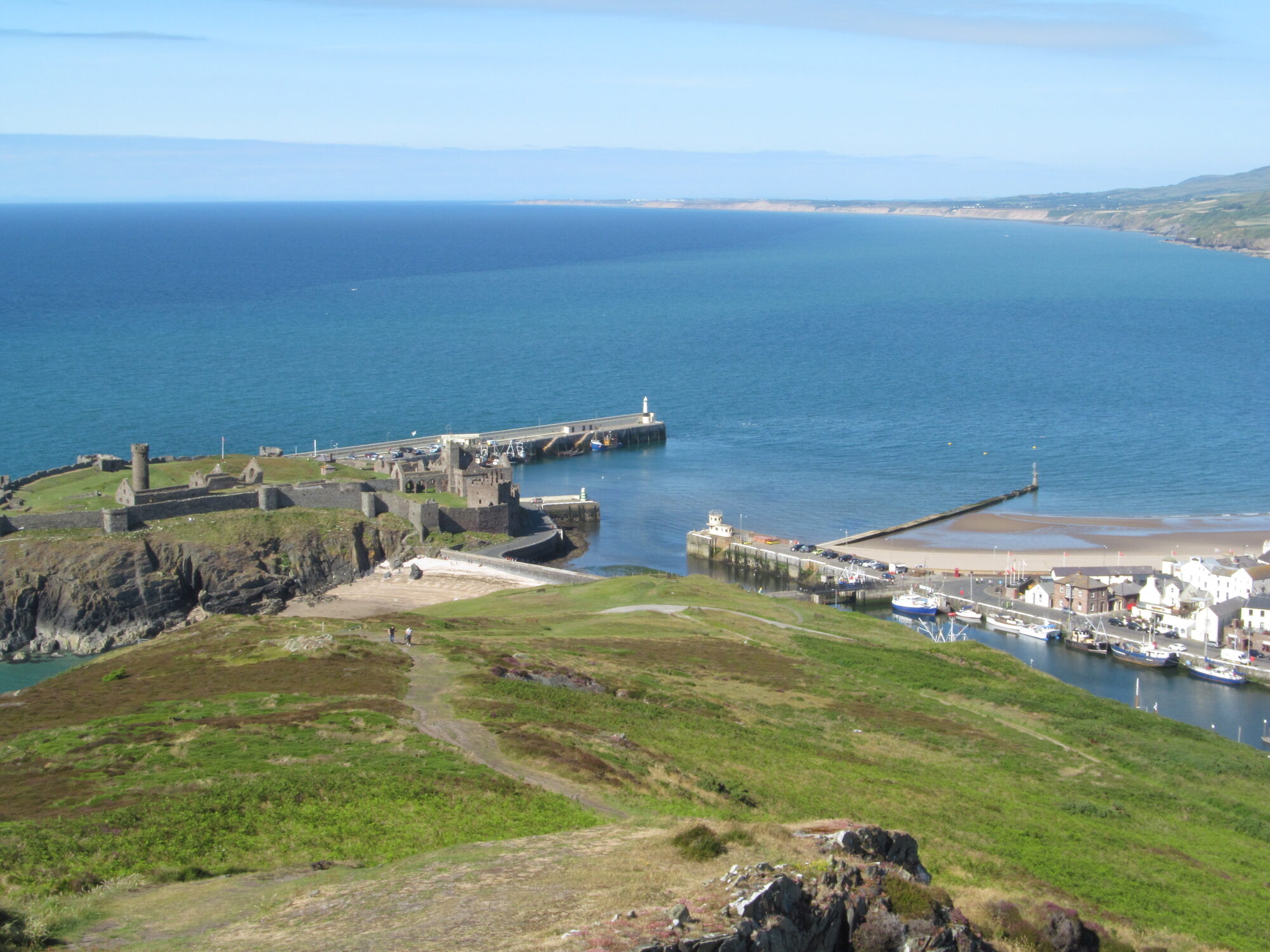 Peel Castle and harbour from above, Isle of Man